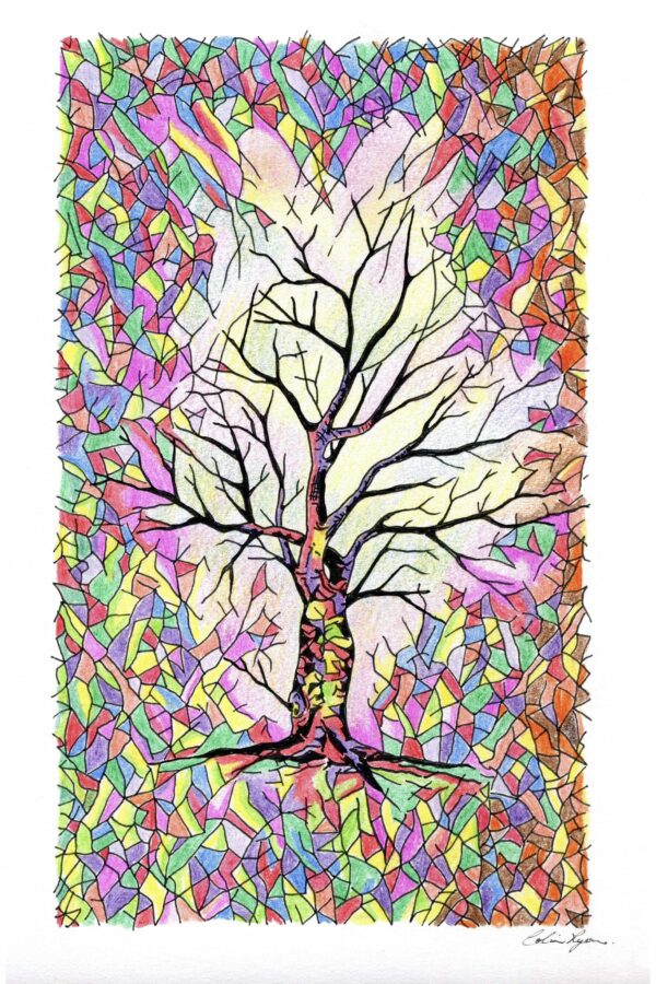 abstract multicoloured drawing of a tree in autumn