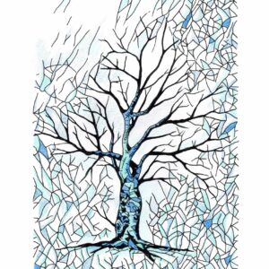 abstract blue drawing of a tree in winter